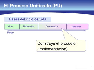 67
El Proceso Unificado (PU)
Fases del ciclo de vida
tiempo
Inicio Elaboración Construcción Transición
Construye el producto
(implementación)
 