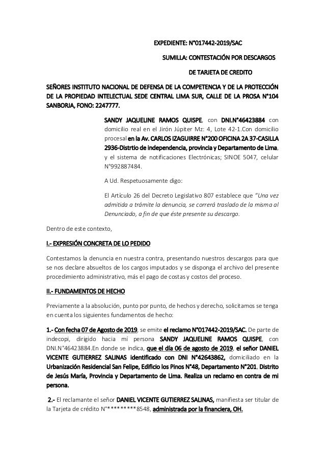 Modelo De Descargo A Indecopi