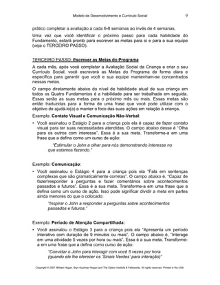 Modelo de Desenvolvimento e Currículo Social                                                         9

prático completar a avaliação a cada 6-8 semanas ao invés de 4 semanas.
Uma vez que você identificar o próximo passo para cada habilidade do
Fundamento, estará pronto para escrever as metas para si e para a sua equipe
(veja o TERCEIRO PASSO).


TERCEIRO PASSO: Escrever as Metas do Programa
A cada mês, após você completar a Avaliação Social da Criança e criar o seu
Currículo Social, você escreverá as Metas do Programa de forma clara e
específica para garantir que você e sua equipe mantenham-se concentrados
nessas metas.
O campo diretamente abaixo do nível de habilidade atual de sua criança em
todos os Quatro Fundamentos é a habilidade para ser trabalhada em seguida.
Essas serão as suas metas para o próximo mês ou mais. Essas metas são
então traduzidas para a forma de uma frase que você pode utilizar com o
objetivo de ajudá-lo(a) a manter o foco das suas ações em relação à criança.
Exemplo: Contato Visual e Comunicação Não-Verbal:
• Você assinalou o Estágio 2 para a criança pois ela é capaz de fazer contato
  visual para ter suas necessidades atendidas. O campo abaixo desse é “Olha
  para os outros com interesse”. Essa é a sua meta. Transforme-a em uma
  frase que a defina como um curso de ação:
             “Estimular o John a olhar para nós demonstrando interesse no
           que estamos fazendo.”


Exemplo: Comunicação:
• Você assinalou o Estágio 4 para a criança pois ela “Fala em sentenças
  complexas que são gramaticalmente corretas”. O campo abaixo é, “Capaz de
  fazer/responder a perguntas e fazer comentários sobre acontecimentos
  passados e futuros”. Essa é a sua meta. Transforme-a em uma frase que a
  defina como um curso de ação. Isso pode significar dividir a meta em partes
  ainda menores do que o colocado:
           “Inspirar o John a responder a perguntas sobre acontecimentos
           passados e futuros.”


Exemplo: Período de Atenção Compartilhada:
• Você assinalou o Estágio 3 para a criança pois ela “Apresenta um período
  interativo com duração de 9 minutos ou mais”. O campo abaixo é, “Interage
  em uma atividade 5 vezes por hora ou mais”. Essa é a sua meta. Transforme-
  a em uma frase que a defina como curso de ação:
           “Convidar o John para interagir com você 5 vezes por hora
           (quando ele lhe oferecer os ‘Sinais Verdes’ para interação)”

 Copyright © 2007 William Hogan, Bryn Kaufman Hogan and The Option Institute & Fellowship. All rights reserved. Printed in the USA.
 