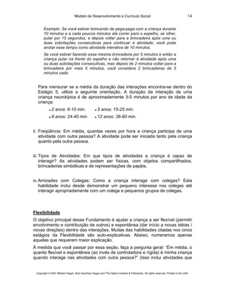 Modelo de Desenvolvimento e Currículo Social                                                     14

       Exemplo: Se você estiver brincando de pega-pega com a criança durante
       10 minutos e a cada poucos minutos ela correr para o espelho, se olhar,
       pular por 15 segundos, e depois voltar para a brincadeira após uma ou
       duas solicitações consecutivas para continuar a atividade, você pode
       anotar esse tempo como atividade interativa de 10 minutos.
       Se você estiver fazendo essa mesma brincadeira por 5 minutos e então a
       criança pular na frente do espelho e não retornar à atividade após uma
       ou duas solicitações consecutivas, mas depois de 2 minutos voltar para a
       brincadeira por mais 5 minutos, você considera 2 brincadeiras de 5
       minutos cada.


  Para mensurar se a média da duração das interações encontra-se dentro do
  Estágio 5, utilize a seguinte orientação. A duração da interação de uma
  criança neurotípica é de aproximadamente 3-5 minutos por ano de idade da
  criança:
           ●   2 anos: 6-10 min.                  ●   5 anos: 15-25 min.
           ●   8 anos: 24-40 min.                 ●   12 anos: 36-60 min.


ii. Freqüência: Em média, quantas vezes por hora a criança participa de uma
    atividade com outra pessoa? A atividade pode ser iniciada tanto pela criança
    quanto pela outra pessoa.


iii. Tipos de Atividades: Em que tipos de atividades a criança é capaz de
     interagir? As atividades podem ser físicas, com objetos compartilhados,
     brincadeiras simbólicas e de representações de papéis.


iv. Amizades com Colegas: Como a criança interage com colegas? Esta
    habilidade inclui desde demonstrar um pequeno interesse nos colegas até
    interagir apropriadamente com um colega e pequenos grupos de colegas.



Flexibilidade
O objetivo principal desse Fundamento é ajudar a criança a ser flexível (permitir
envolvimento e contribuição de outros) e espontânea (dar início a novas idéias /
novas direções) dentro das interações. Muitas das habilidades citadas nos cinco
estágios da Flexibilidade são auto-explicativas. Abaixo, numeramos apenas
aquelas que requerem maior explicação.
À medida que você passar por essa seção, faça a pergunta geral: “Em média, o
quanto flexível e espontânea (ao invés de controladora e rígida) é minha criança
quando interage nas atividades com outra pessoa?” (Isso inclui atividades que


 Copyright © 2007 William Hogan, Bryn Kaufman Hogan and The Option Institute & Fellowship. All rights reserved. Printed in the USA.
 