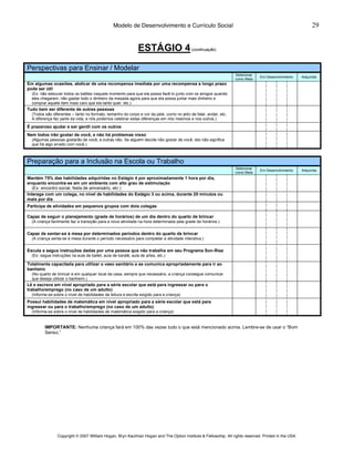 Modelo de Desenvolvimento e Currículo Social                                                              29


                                                               ESTÁGIO 4 (continuação)
Perspectivas para Ensinar / Modelar
                                                                                                                  Selecionar
                                                                                                                               Em Desenvolvimento    Adquirida
                                                                                                                  como Meta
Em algumas ocasiões, abdicar de uma recompensa imediata por uma recompensa a longo prazo
pode ser útil
  (Ex: não estourar todos os balões naquele momento para que ela possa fazê-lo junto com os amigos quando
  eles chegarem; não gastar todo o dinheiro da mesada agora para que ela possa juntar mais dinheiro e
  comprar aquele item mais caro que ela tanto quer, etc.)
Tudo bem ser diferente de outras pessoas
  (Todos são diferentes – tanto no formato, tamanho do corpo e cor da pele, como no jeito de falar, andar, etc.
  A diferença faz parte da vida, e nós podemos celebrar estas diferenças em nós mesmos e nos outros.)

É prazeroso ajudar e ser gentil com os outros
Nem todos irão gostar de você, e não há problemas nisso
  (Algumas pessoas gostarão de você, e outras não. Se alguém decide não gostar de você, isto não significa
  que há algo errado com você.)



Preparação para a Inclusão na Escola ou Trabalho
                                                                                                                  Selecionar
                                                                                                                               Em Desenvolvimento    Adquirida
                                                                                                                  como Meta
Mantém 75% das habilidades adquiridas no Estágio 4 por aproximadamente 1 hora por dia,
enquanto encontra-se em um ambiente com alto grau de estimulação
   (Ex: encontro social, festa de aniversário, etc.)
Interage com um colega, no nível de habilidades do Estágio 3 ou acima, durante 20 minutos ou
mais por dia
Participa de atividades em pequenos grupos com dois colegas

Capaz de seguir o planejamento (grade de horários) de um dia dentro do quarto de brincar
  (A criança facilmente faz a transição para a nova atividade na hora determinada pela grade de horários.)


Capaz de sentar-se à mesa por determinados períodos dentro do quarto de brincar
  (A criança senta-se à mesa durante o período necessário para completar a atividade interativa.)

Escuta e segue instruções dadas por uma pessoa que não trabalha em seu Programa Son-Rise
  (Ex: segue instruções na aula de ballet, aula de karatê, aula de artes, etc.)

Totalmente capacitada para utilizar o vaso sanitário e se comunica apropriadamente para ir ao
banheiro
  (No quarto de brincar e em qualquer local da casa, sempre que necessário, a criança consegue comunicar
  que deseja utilizar o banheiro.)
Lê e escreve em nível apropriado para a série escolar que está para ingressar ou para o
trabalho/emprego (no caso de um adulto)
  (Informe-se sobre o nível de habilidades de leitura e escrita exigido para a criança)
Possui habilidades de matemática em nível apropriado para a série escolar que está para
ingressar ou para o trabalho/emprego (no caso de um adulto)
  (Informe-se sobre o nível de habilidades de matemática exigido para a criança)


         IMPORTANTE: Nenhuma criança fará em 100% das vezes tudo o que está mencionado acima. Lembre-se de usar o “Bom
         Senso.”




                Copyright © 2007 William Hogan, Bryn Kaufman Hogan and The Option Institute & Fellowship. All rights reserved. Printed in the USA.
 