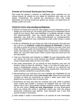 Modelo de Desenvolvimento e Currículo Social                                                         7


Criando um Currículo Social para Sua Criança
Esta seção lhe ajudará a entender as habilidades atuais presentes em sua
criança através da criação de uma tabela de referência para cada um dos
Quatro Fundamentos. Em seguida lhe ensinaremos como criar metas
específicas (um currículo social) que ajudará sua criança a se desenvolver em
direção a cada novo nível.


PRIMEIRO PASSO: Criar uma Base de Referência
a. Reserve um tempo para examinar cada estágio (1-5) para determinar qual é o
   estágio que você acha que, de maneira geral, descreve as habilidades sociais
   atuais de sua criança. Para cada habilidade ou qualidade assinale o campo
   “Em Desenvolvimento” caso sua criança apresente sinais de ter uma
   habilidade, mas ainda não a utilize previsivelmente ou consistentemente.
   Caso seja consistente em usar a habilidade ou tarefa, então marque o campo
   “Adquirida”.
b. Avalie as habilidades de sua criança em cada nível enquanto você está com
   ela a sós em um ambiente o mais livre possível de distrações. O ideal é
   que seja no quarto de brincar do Programa Son-Rise em sua casa. Caso você
   ainda não tenha o quarto de brincar/trabalhar, apenas leve a criança para o
   quarto mais silencioso da casa. Desligue todos os televisores, computadores,
   rádios, etc. que ficam nesse quarto, feche a porta e peça aos outros que não
   lhe interrompam.
c. Toda sua informação será baseada na ‘média’ de suas observações sobre
   sua criança. Se você tiver outras pessoas que também trabalhem com ela,
   inclua as observações delas ao criar a sua média.
d. Use quatro observações, por um período de duas semanas, para criar sua
   primeira média da base de referência. Traga a sua folha de papel para o
   quarto e simplesmente marque o campo (ou anote em um rascunho) que
   especifica a habilidade apresentada pela criança naquela área. Faça isso em
   quatro ocasiões e determine a sua primeira média.
e. Recomendamos que você faça uma nova avaliação das habilidades de sua
   criança em cada área pelo menos uma vez por mês. Dessa forma você pode
   comparar as áreas de crescimento da criança e saber quais áreas você
   gostaria de se concentrar mais no próximo mês.
f. Entendemos que tudo isso pode ser novidade para você, então os gráficos
   foram criados para facilitar o processo de avaliação feito por você. Seu
   objetivo não é criar a mais perfeita avaliação científica e exata. Apenas confie
   em seu bom senso. Confie em suas observações. As suas observações
   sobre sua criança têm mérito e significado mesmo que você não possua
   treinamento profissional para fazê-las. Você descobrirá que é bem fácil
   quando começar a escrevê-las.
g. Cada estágio e seção é auto-explicativa e se precisar de mais informações

 Copyright © 2007 William Hogan, Bryn Kaufman Hogan and The Option Institute & Fellowship. All rights reserved. Printed in the USA.
 