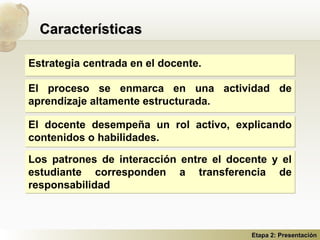 Características <ul><li>Estrategia centrada en el docente. </li></ul>Etapa 2: Presentación El proceso se enmarca en una ac...