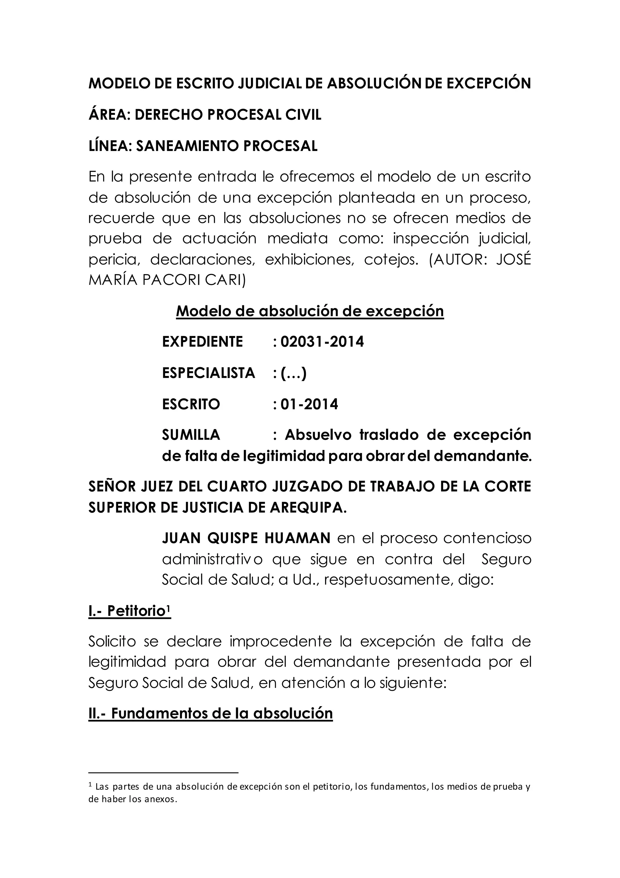 Absolución Modelo de escrito judicial de absolución de excepción | DOCX