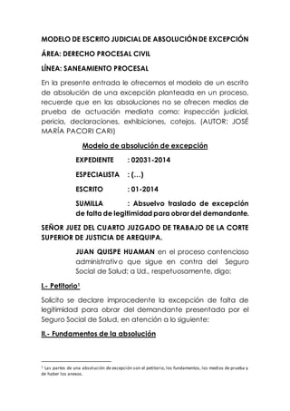 Modelo de escrito judicial de absolución de excepción