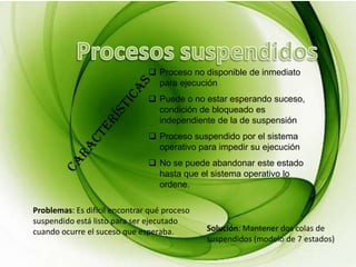  Proceso no disponible de inmediato
                                 para ejecución
                                Puede o no estar esperando suceso,
                                 condición de bloqueado es
                                 independiente de la de suspensión
                                Proceso suspendido por el sistema
                                 operativo para impedir su ejecución
                                No se puede abandonar este estado
                                 hasta que el sistema operativo lo
                                 ordene.

Problemas: Es difícil encontrar qué proceso
suspendido está listo para ser ejecutado
cuando ocurre el suceso que esperaba.         Solución: Mantener dos colas de
                                              suspendidos (modelo de 7 estados)
 
