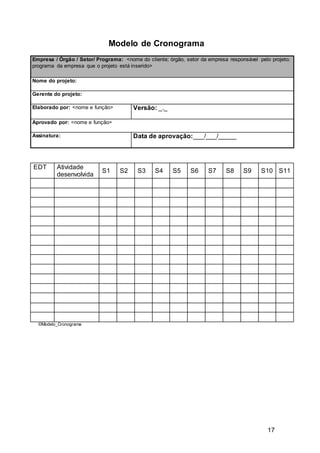 17
Modelo de Cronograma
Empresa / Órgão / Setor/ Programa: <nome do cliente; órgão, setor da empresa responsável pelo projeto;
programa da empresa que o projeto está inserido>
Nome do projeto:
Gerente do projeto:
Elaborado por: <nome e função> Versão: _._
Aprovado por: <nome e função>
Assinatura: Data de aprovação:___/___/_____
EDT Atividade
desenvolvida
S1 S2 S3 S4 S5 S6 S7 S8 S9 S10 S11
©Modelo_Cronograma
 