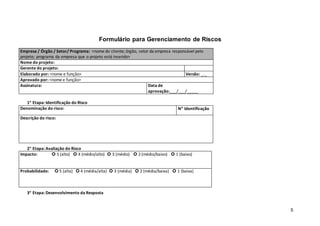 5
Formulário para Gerenciamento de Riscos
Empresa / Órgão / Setor/ Programa: <nome do cliente; órgão, setor da empresa responsável pelo
projeto; programa da empresa que o projeto está inserido>
Nome do projeto:
Gerente do projeto:
Elaborado por: <nome e função> Versão: _._
Aprovado por: <nome e função>
Assinatura: Data de
aprovação:___/___/_____
1 Etapa: Identificação do Risco
Denominação do risco: N Identificação
Descrição do risco:
2 Etapa: Avaliação do Risco
Impacto:  5 (alto)  4 (médio/alto)  3 (médio)  2 (médio/baixo)  1 (baixo)
Probabilidade:  5 (alta)  4 (média/alta)  3 (média)  2 (média/baixa)  1 (baixa)
3 Etapa: Desenvolvimento da Resposta
 