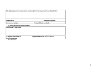 6
Estratégias para eliminar ou reduzir este risco (minimizar impacto e/ou probabilidade):
Responsável: Data de Conclusão:
Impacto reavaliado: Probabilidade reavaliada:
4 Etapa: Acompanhamentodo Risco
Ocorrências e alterações:
 Respostas incluídas na
WBS/Cronograma
Registros adicionais: Verso ou Anexos
© 04_ Form Riscos
 