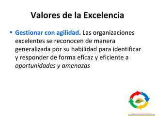 Valores de la Excelencia
• Gestionar con agilidad. Las organizaciones
excelentes se reconocen de manera
generalizada por su habilidad para identificar
y responder de forma eficaz y eficiente a
oportunidades y amenazas
 