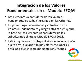 Integración de los Valores
Fundamentales en el Modelo EFQM
• Los elementos a considerar de los Valores
Fundamentales se han integrado en los Criterios.
• En primer lugar se revisaron y actualizaron los
Valores Fundamentales y luego estos constituyeron
la base de los elementos a considerar de los
subcriterios del nuevo Modelo EFQM 2013.
• Esta integración constituye el vínculo entre la visión
a alto nivel que aportan los Valores y el análisis
detallado que se logra mediante los Criterios.
 