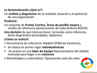 La Autoevaluación ¿Qué es?:
Un análisis y diagnóstico de la realidad, situación y el potencial
de una organización
Producto:
Un conjunto de Puntos Fuertes, Áreas de posible mejora y
niveles de referencia (puntuaciones de cada atributo REDER)
Una decisión de qué interesa hacer, teniendo como referencia
dicho diagnóstico (prioridades, objetivos)
¿Cómo se realiza?:
• Herramienta de referencia: Modelo EFQM de Excelencia.
• Se realiza en primer lugar individualmente
• Se analiza en una labor de Equipo Representativo del ámbito
evaluado para llegar a un consenso
• Metodológico y sistemático: Típicamente cada dos años.
 