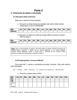 PEA 3100 – Etapa 4 – Sistemas fotovoltaicos
Parte 2
3- Tratamento de dados e simulação
3.1) Recupere dados anteriores
Dado que o sistema foi dimensionado:
a. Recupere os dados abaixo de radiação solar diária média mensal
(pesquisado no site do CRESESB)l:
Mês Jan Fev Mar Abr Mai Jun Jul Ago Set Out Nov Dez
kWh/m2
b. Recupere os dados da conta de energia elétrica (consumo mensal –
CMi) da etapa 2.
Mês Jan Fev Mar Abr Mai Jun Jul Ago Set Out Nov Dez
kWh/m2
3.2) Energia gerada x Consumo Mensal
Para cada mês “i”, calcule a quantidade de energia fornecida (Egi) pelo sistema
solar fotovoltaico.
Egi = P(Wp) × NSPi × ηinversor × (1 − perdas nos condutores) × 30 (dias/mês)
a. Preencha a tabela abaixo (kWh):
Mes Jan Fev Mar Abr Mai Jun Jul Ago Set Out Nov Dez
EGi
CMi
Balanço
de
energia
Nota: Caso a casa escolhida na etapa 2 não tenha todas as contas mensais de consumo de
energia elétrica, preencha a tabela com os valores existentes e nos meses faltantes
assuma valores diferentes, porém a média anual / 720h/mês dê um consumo diário
próximo ao usado para dimensionar o sistema na etapa 1.
 