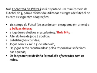 Nos Encontros de Petizes será disputado um mini-torneio de 
Futebol de 3, para o efeito são utilizadas as regras de futebol de 
11 com as seguintes adaptações: 
• 1/4 campo de Futsal (de acordo com o esquema em anexo) e 
4 balizas de 1x1; 
• 3 jogadores efetivos e 3 suplentes; / Bola Nº3; 
• A lei do fora de jogo é abolida; 
• Substituições corridas; 
• Jogos com 2 x 10´ e 5´de intervalo; 
• Os jogos serão “controlados” pelos responsáveis técnicos 
das equipas; 
• Os lançamentos de linha lateral são efectuados com as 
mãos. 
 
