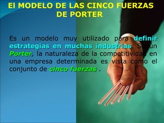 El MODELO DE LAS CINCO FUERZAS DE PORTER  Es un modelo muy utilizado para  definir estrategias en muchas industrias . Según  Porter ,  la naturaleza de la competitividad en una empresa determinada es vista como el conjunto de  cinco fuerzas  . 