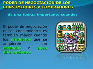 PODER DE NEGOCIACION DE LOS CONSUMIDORES o COMPRADORES El poder de negociación de los consumidores es también mayor cuando los  productos  que se adquieren son  estándar  o  poco diferenciados 