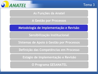 As Funções da Anatel As Funções da Anatel A Gestão por Processos Sistemas de Apoio à Gestão por Processos Metodologia de Implementação e Revisão Definição das Competências em Processo Estágio de Implementação e Revisão O Programa GESANATEL Sensibilização Institucional Tema 3 