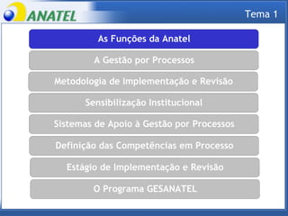 As Funções da Anatel As Funções da Anatel A Gestão por Processos Sistemas de Apoio à Gestão por Processos Metodologia de Implementação e Revisão Definição das Competências em Processo Estágio de Implementação e Revisão O Programa GESANATEL Sensibilização Institucional Tema 1 