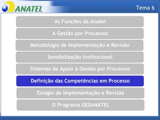As Funções da Anatel As Funções da Anatel A Gestão por Processos Sistemas de Apoio à Gestão por Processos Metodologia de Implementação e Revisão Definição das Competências em Processo Estágio de Implementação e Revisão O Programa GESANATEL Sensibilização Institucional Tema 6 
