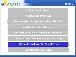 As Funções da Anatel As Funções da Anatel A Gestão por Processos Sistemas de Apoio à Gestão por Processos Metodologia de Implementação e Revisão Definição das Competências em Processo Estágio de Implementação e Revisão O Programa GESANATEL Sensibilização Institucional Tema 7 