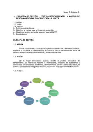 Héctor R. Polidor G.

1-   FILOSOFÍA DE GESTIÓN, POLÍTICA MEDIOAMBIENTAL                     Y MODELO DE
     GESTIÓN AMBIENTAL SUGERIDO PARA LA UNEFA.

1.1 -Misión. .
1.2- Visión
1.3- Valores
2- Política medioambiental
3- Objetivos y metas para el desarrollo sostenible
4- Modelo de gestión ambiental sugerido para la UNEFA
5- Conclusiones.


FILOSOFÍA DE GESTIÓN

1.1- MISIÓN

      Formar ciudadanas y ciudadanos forjando competencias y valores socialistas,
mediante la docencia, la investigación y la extensión, para la transformación social, la
defensa integral, el desarrollo sostenible y sustentable del país.

1.2- VISIÓN

      Ser la mejor Universidad pública, abierta al pueblo, productora de
conocimiento, de referencia nacional e internacional, forjadora de ciudadanos y
ciudadanas con excelencia académica, comprometidos con los valores socialistas, la
defensa y el desarrollo integral de la nación, inspirados en el pensamiento bolivariano.

1.3 - Valores
 