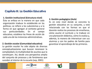 1. Gestión institucional (Estructura nivel) Ésta se enfoca en la manera en que cada organización traduce lo establecido en las políticas; se refiere a los subsistemas y a la forma en que agregan al contexto general sus particularidades. En el campo educativo, establece las líneas de acción de cada una de las instancias administrativas. 2. Gestión escolar (Comunidad educativa) La gestión escolar ha sido objeto de diversas conceptualizaciones que buscan reconocer la complejidad y la multiplicidad de asuntos que la constituyen. Así, desde una perspectiva amplia del conjunto de procesos y de fenómenos que suceden al interior de la escuela (sep, 2001) 3. Gestión pedagógica (Aula)  Es en este nivel donde se concreta la gestión educativa en su conjunto, y está relacionada con las formas en que el docente realiza los procesos de enseñanza, cómo asume el currículo y lo traduce en una planeación didáctica, cómo lo evalúa y, además, la manera de interactuar con sus alumnos y con los padres de familia para garantizar el aprendizaje de los primeros. 