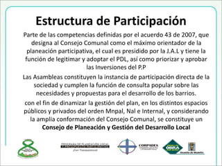 Estructura de Participación
Parte de las competencias definidas por el acuerdo 43 de 2007, que
designa al Consejo Comunal como el máximo orientador de la
planeación participativa, el cual es presidido por la J.A.L y tiene la
función de legitimar y adoptar el PDL, así como priorizar y aprobar
las Inversiones del P.P
Las Asambleas constituyen la instancia de participación directa de la
sociedad y cumplen la función de consulta popular sobre las
necesidades y propuestas para el desarrollo de los barrios.
con el fin de dinamizar la gestión del plan, en los distintos espacios
públicos y privados del orden Mnpal, Nal e Internal, y considerando
la amplia conformación del Consejo Comunal, se constituye un
Consejo de Planeación y Gestión del Desarrollo Local
 