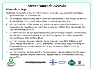 Mecanismos de Elección
Mesas de trabajo
Participan por derecho propio los representantes sectoriales y poblacionales delegados
oficialmente por sus instancias. Así:
 los delegados de comisiones de P.P. son los que oficialmente se han elegido de manera
democrática en el proceso de planeación y presupuesto participativo.
 Los representantes poblacionales, son quienes de manera oficial y de acuerdo a los
mecanismos de elección que de manera autónoma su instancia haya establecido, han
sido nombrados para tal fin.
 Los representantes de organizaciones sociales, comunitarias y solidarias serán quienes
por junta directiva o asamblea de la organización, según su naturaleza, hayan sido
nombrados para desempeñar este rol.
 Los representantes de otras instancias de participación como CMJ, Cabildante del
Adulto Mayor, delegado del COPACO, entre otros, serán quienes hayan sido elegidos
democráticamente para desempeñar tal cargo y de manera oficial encarna tal
representación.
 Los representantes de Comerciantes, Transportadores y Comunicaciones serán quienes
de manera legitima han sido nombrados, obedeciendo sus mecanismos de elección,
para tal fin.
 
