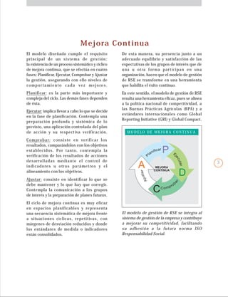 El modelo diseñado cumple el requisito
principal de un sistema de gestión:
la existencia de un proceso sistemático y cíclico
de mejora continua, que se efectúa en cuatro
fases: Planificar, Ejecutar, Comprobar y Ajustar
la gestión, asegurando con ello niveles de
comportamiento cada vez mejores.
Mejora Continua
El modelo de gestión de RSE se integra al
sistema de gestión de la empresa y contribuye
a mejorar su competitividad, facilitando
su adhesión a la futura norma ISO
Responsabilidad Social.
El ciclo de mejora continua es muy eficaz
en espacios planificables y representa
una secuencia sistemática de mejora frente
a situaciones cíclicas, repetitivas, con
márgenes de desviación reducidos y donde
los estándares de medida o indicadores
están consolidados.
Planificar: es la parte más importante y
compleja del ciclo. Las demás fases dependen
de ésta.
Ejecutar: implica llevar a cabo lo que se decide
en la fase de planificación. Contempla una
preparación profunda y sistémica de lo
previsto, una aplicación controlada del plan
de acción y su respectiva verificación.
Comprobar: consiste en verificar los
resultados, comparándolos con los objetivos
establecidos. Por tanto, contempla la
verificación de los resultados de acciones
desarrolladas mediante el control de
indicadores u otros parámetros y el
alineamiento con los objetivos.
Ajustar: consiste en identificar lo que se
debe mantener y lo que hay que corregir.
Contempla la comunicación a los grupos
de interés y la preparación de planes futuros.
En este sentido, el modelo de gestión de RSE
resulta una herramienta eficaz, pues se alinea
a la política nacional de competitividad, a
las Buenas Prácticas Agrícolas (BPA) y a
estándares internacionales como Global
Reporting Initiative (GRI) y Global Compact.
De esta manera, su presencia junto a un
adecuado equilibrio y satisfacción de las
expectativas de los grupos de interés que de
una u otra forma participan en una
organización, hacen que el modelo de gestión
de RSE se transforme en una herramienta
que habilita el éxito continuo.
M O D E L O D E M E J O R A C O N T I N U A
MEJORA
CONTINUA
P
D
C
A
Ajustar
P
lanificar
E
jecutar
Comprob
ar
3
 