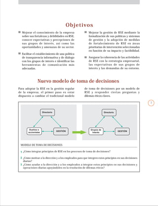 Objetivos
Mejorar el conocimiento de la empresa
sobre sus fortalezas y debilidades en RSE,
conocer expectativas y percepciones de
sus grupos de interés, así como las
oportunidades y amenazas de su sector.
Para adoptar la RSE en la gestión regular
de la empresa, el primer paso es estar
dispuesto a cambiar el tradicional modelo
Nuevo modelo de toma de decisiones
1
2
3
Facilitar el establecimiento de una política
de transparencia informativa y de diálogo
con los grupos de interés e identificar las
herramientas de comunicación más
adecuadas.
de toma de decisiones por un modelo de
RSE y responder ciertas preguntas y
dilemas éticos claves.
MODELO DE TOMA DE DECISIONES
Mejorar la gestión de RSE mediante la
formalización de sus políticas y sistemas
de gestión y la adopción de medidas
de fortalecimiento de RSE en áreas
prioritarias de intervención seleccionadas
en función de su impacto y factibilidad.
Asegurar la coherencia de las actividades
de RSE con la estrategia empresarial,
las expectativas de sus grupos de
interés y las demandas de su entorno.
¿Cómo integrar principios de RSE en los procesos de toma de decisiones?
¿Cómo motivar a la dirección y a los empleados para que integren estos principios en sus decisiones
diarias?
¿Cómo ayudar a la dirección y a los empleados a integrar estos principios en sus decisiones y
operaciones diarias apoyándoles en la resolución de dilemas éticos?
Dueños o
accionistas
Directorio
GESTIÓN
Grupos de
Interés
Directorio
GESTIÓN
5
 