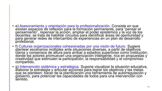 • e) Asesoramiento y orientación para la profesionalización. Consiste en que
existan espacios de reflexión para la formación permanente, para “pensar el
pensamiento”, repensar la acción, ampliar el poder epistémico y la voz de los
docentes; se trata de habilitar circuitos para identificar áreas de oportunidad y
para generar redes de intercambio de experiencias en un plan de desarrollo
profesional.
• f) Culturas organizacionales cohesionadas por una visión de futuro. Sugiere
plantear escenarios múltiples ante situaciones diversas, a partir de objetivos
claros y consensos de altura para arribar a estadios superiores como institución;
donde los actores promuevan una organización inteligente, rica en propuestas y
creatividad que estimulen la participación, la responsabilidad y el compromiso
compartido.
• g) Intervención sistémica y estratégica. Supone visualizar la situación educativa,
elaborar la estrategia y articular acciones para lograr los objetivos y las metas
que se planteen; hacer de la planificación una herramienta de autorregulación y
gobierno, para potenciar las capacidades de todos para una intervención con
sentido.
14
 