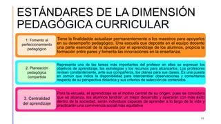 ESTÁNDARES DE LA DIMENSIÓN
PEDAGÓGICA CURRICULAR
Tiene la finalidadde actualizar permanentemente a los maestros para apoyarlos
en su desempeño pedagógico. Una escuela que deposita en el equipo docente
una parte esencial de la apuesta por el aprendizaje de los alumnos, propicia la
formación entre pares y fomenta las innovaciones en la enseñanza.
Representa una de las tareas más importantes del profesor en ellas se expresan los
objetivos de aprendizaje, las estrategias y los recursos para alcanzarlos. Los profesores
revisan constantemente, ante sus compañeros, los planes para sus clases. Es una puesta
en común que indica la disponibilidad para intercambiar observaciones y comentarios
respecto de su perspectiva didáctica y sus criterios de selección de contenidos.
Para la escuela, el aprendizaje es el motivo central de su origen, pues se considera
que se alcanza, los alumnos tendrán un mejor desarrollo y operarán con más éxito
dentro de la sociedad, serán individuos capaces de aprender a lo largo de la vida y
practicarán una convivencia social más equitativa
18
1. Fomento al
perfeccionamiento
pedagógico
2. Planeación
pedagógica
compartida
3. Centralidad
del aprendizaje
 