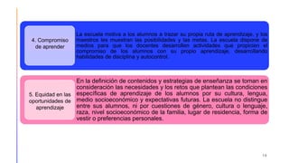 La escuela motiva a los alumnos a trazar su propia ruta de aprendizaje, y los
maestros les muestran las posibilidades y las metas. La escuela dispone de
medios para que los docentes desarrollen actividades que propicien el
compromiso de los alumnos con su propio aprendizaje, desarrollando
habilidades de disciplina y autocontrol.
En la definición de contenidos y estrategias de enseñanza se toman en
consideración las necesidades y los retos que plantean las condiciones
específicas de aprendizaje de los alumnos por su cultura, lengua,
medio socioeconómico y expectativas futuras. La escuela no distingue
entre sus alumnos, ni por cuestiones de género, cultura o lenguaje,
raza, nivel socioeconómico de la familia, lugar de residencia, forma de
vestir o preferencias personales.
19
4. Compromiso
de aprender
5. Equidad en las
oportunidades de
aprendizaje
 