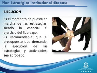 EJECUCIÓN
Es el momento de puesta en
marcha de las estrategias,
siendo lo esencial el
ejercicio del liderazgo.
Es recomendable que el
presupuesto que demande,
la ejecución de las
estrategias y actividades,
sea aprobado.
Plan Estratégico Institucional (Etapas)
 