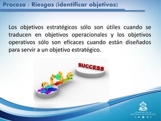 Los objetivos estratégicos sólo son útiles cuando se
traducen en objetivos operacionales y los objetivos
operativos sólo son eficaces cuando están diseñados
para servir a un objetivo estratégico.
Proceso / Riesgos (identificar objetivos)
 