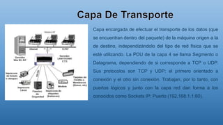 Capa encargada de efectuar el transporte de los datos (que
se encuentran dentro del paquete) de la máquina origen a la
de destino, independizándolo del tipo de red física que se
esté utilizando. La PDU de la capa 4 se llama Segmento o
Datagrama, dependiendo de si corresponde a TCP o UDP.
Sus protocolos son TCP y UDP; el primero orientado a
conexión y el otro sin conexión. Trabajan, por lo tanto, con
puertos lógicos y junto con la capa red dan forma a los
conocidos como Sockets IP: Puerto (192.168.1.1:80).
 