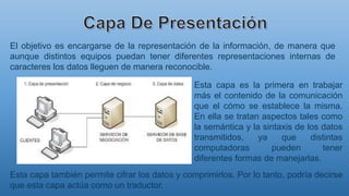 El objetivo es encargarse de la representación de la información, de manera que
aunque distintos equipos puedan tener diferentes representaciones internas de
caracteres los datos lleguen de manera reconocible.
Esta capa es la primera en trabajar
más el contenido de la comunicación
que el cómo se establece la misma.
En ella se tratan aspectos tales como
la semántica y la sintaxis de los datos
transmitidos, ya que distintas
computadoras pueden tener
diferentes formas de manejarlas.
Esta capa también permite cifrar los datos y comprimirlos. Por lo tanto, podría decirse
que esta capa actúa como un traductor.
 