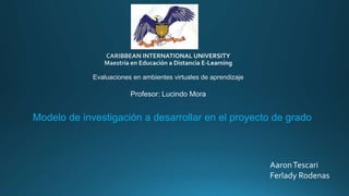 Evaluaciones en ambientes virtuales de aprendizaje
Profesor: Lucindo Mora
Modelo de investigación a desarrollar en el proyecto de grado
AaronTescari
Ferlady Rodenas
 