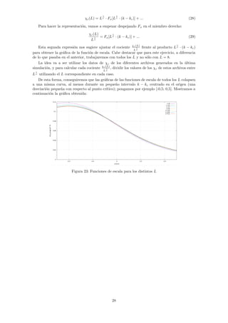 χc(L) = L
γ
ν · Fx[L
1
ν · (k − kc)] + ... (28)
Para hacer la representación, vamos a empezar despejando Fx en el miembro derecho:
χc(L)
L
γ
ν
= Fx[L
1
ν · (k − kc)] + ... (29)
Esta segunda expresión nos sugiere ajustar el cociente χc(L)
L
γ
ν
frente al producto L
1
ν · (k − kc)
para obtener la gráfica de la función de escala. Cabe destacar que para este ejercicio, a diferencia
de lo que pasaba en el anterior, trabajaremos con todos los L y no sólo con L = 8.
La idea va a ser utilizar los datos de χc de los diferentes archivos generados en la última
simulación, y para calcular cada cociente χc(L)
L
γ
ν
, dividir los valores de los χc de estos archivos entre
L
γ
ν utilizando el L correspondiente en cada caso.
De esta forma, conseguiremos que las gráficas de las funciones de escala de todos los L colapsen
a una misma curva, al menos durante un pequeño intervalo k − kc centrado en el origen (una
desviación pequeña con respecto al punto crı́tico); pongamos por ejemplo [-0,5; 0,5]. Mostramos a
continuación la gráfica obtenida:
Figura 23: Funciones de escala para los distintos L
28
 