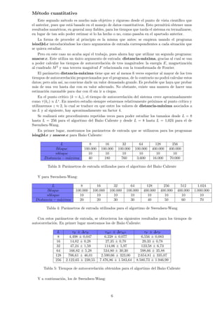 Método cuantitativo
Este segundo método es mucho más objetivo y riguroso desde el punto de vista cientı́fico que
el anterior, pues que está basado en el manejo de datos cuantitativos. Esto permitirá obtener unos
resultados numéricos, en general muy fiables, para los tiempos que tarda el sistema en termalizarse,
en lugar de tan solo poder estimar si lo ha hecho o no, como pasaba en el apartado anterior.
La forma de proceder al principio es la misma que antes: se empieza usando el programa
isind2d.c introduciéndose los cinco argumentos de entrada correspondientes a cada situación que
se quiera estudiar.
Pero en este caso no acaba aquı́ el trabajo, pues ahora hay que utilizar un segundo programa:
anacor.c. Este utiliza un único argumento de entrada: distancia-máxima, gracias al cual se van
a poder calcular los tiempos de autocorrelación de tres magnitudes: la energı́a E, magnetización
al cuadrado M2
y una tercera magnitud F relacionada con la transformada de Fourier.
El parámetro distancia-máxima tiene que ser al menos 6 veces superior al mayor de los tres
tiempos de autocorrelación proporcionados por el programa, de lo contrario no podrá calcular estos
datos; pero aún ası́, no conviene darle un valor demasiado grande. Es probable que haya que probar
más de una vez hasta dar con su valor adecuado. No obstante, existe una manera de hacer una
estimación razonable para dar con él sin ir a ciegas.
En el punto crı́tico (k = kc), el tiempo de autocorrelación del sistema crece aproximadamente
como τ(kc) ∝ Lz
. En nuestro estudio siempre estaremos relativamente próximos al punto crı́tico y
utilizaremos z ≈ 2, lo cual se traduce en que entre los valores de distancia-máxima asociados a
un L y al siguiente, hay aproximadamente un factor 4.
Se realizará este procedimiento repetidas veces para poder estudiar los tamaños desde L = 8
hasta L = 256 para el algoritmo del Baño Caliente y desde L = 8 hasta L = 1,024 para el de
Swendsen-Wang.
En primer lugar, mostramos los parámetros de entrada que se utilizaron para los programas
ising2d.c y anacor.c para Baño Caliente:
L 8 16 32 64 128 256
lbloque 100.000 100.000 100.000 100.000 400.000 400.000
nbloque 10 10 10 10 10 10
Distancia − máxima 40 180 760 3.600 16.000 70.000
Tabla 3: Parámetros de entrada utilizados para el algoritmo del Baño Caliente
Y para Swendsen-Wang:
L 8 16 32 64 128 256 512 1.024
lbloque 100.000 100.000 100.000 100.000 400.000 400.000 400.000 1.000.000
nbloque 10 10 10 10 10 10 10 10
Distancia − máxima 20 20 30 30 40 50 60 70
Tabla 4: Parámetros de entrada utilizados para el algortimo de Swendsen-Wang
Con estos parámetros de entrada, se obtuvieron los siguientes resultados para los tiempos de
autocorrelación. En primer lugar mostramos los de Baño Caliente:
L τE ± ∆τE τM2 ± ∆τM2 τF ± ∆τF
8 4,498 ± 0,047 6,228 ± 0,077 6,556 ± 0,083
16 14,82 ± 0,28 27,35 ± 0,70 29,33 ± 0,78
32 47,24 ± 1,59 114,06 ± 5,97 123,58 ± 6,73
64 166,82 ± 5,28 534,80 ± 30,30 598,66 ± 35,88
128 706,61 ± 46,01 2.590,66 ± 323,00 2.654,81 ± 335,07
256 2.122,65 ± 239,55 7.476,86 ± 1.583,64 8.580,73 ± 1.946,99
Tabla 5: Tiempos de autocorrelación obtenidos para el algortimo del Baño Caliente
Y a continuación, los de Swendsen-Wang:
6
 