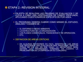 ETAPA 2.- REVISION INTEGRAL: EN ESTA SE REALIZAN LAS PRUEBAS DE EVALUACION Y SE LLEVA A CABO UNA IVESTIGACION DE CAMPO PROFUNDA, APLICANDO CUESTIONARIOS ESPECIFICOS POR AREA. EL PROGRAMA DEBERA CUBRIR COMO MINIMO EL ESTUDIO, ANALISIS Y EXAMEN DE : EL ENTORNO O MEDIO AMBIENTE LA ESTRUCTURA DE LA ORGANIZACIÓN LOS PLANES COMERCIALES, FINANCIEROS Y DE OPERACION. ETC. DEFINICION DE AREAS CRITICAS: EN ALGUNAS REVISIONES ES FACIL IDENTIFICAR LAS AREAS QUE REQUIEREN UNA EVALUACION MAS PROFUNDA, PERO EN OTRAS NO ES ASI. EN ESE CASO, LO IMPORTANTE SERA DEFINIR LAS PRIORIDADES TOMANDO EN CUENTA LA PROBLEMÁTICA DE LA EMPRESA EN SU CONJUNTO. 