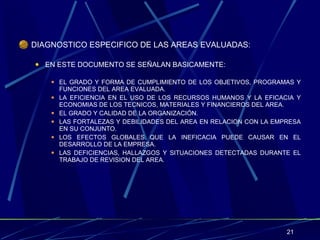 DIAGNOSTICO ESPECIFICO DE LAS AREAS EVALUADAS: EN ESTE DOCUMENTO SE SEÑALAN BASICAMENTE: EL GRADO Y FORMA DE CUMPLIMIENTO DE LOS OBJETIVOS, PROGRAMAS Y FUNCIONES DEL AREA EVALUADA. LA EFICIENCIA EN EL USO DE LOS RECURSOS HUMANOS Y LA EFICACIA Y ECONOMIAS DE LOS TECNICOS, MATERIALES Y FINANCIEROS DEL AREA. EL GRADO Y CALIDAD DE LA ORGANIZACIÓN. LAS FORTALEZAS Y DEBILIDADES DEL AREA EN RELACION CON LA EMPRESA EN SU CONJUNTO. LOS EFECTOS GLOBALES QUE LA INEFICACIA PUEDE CAUSAR EN EL DESARROLLO DE LA EMPRESA. LAS DEFICIENCIAS, HALLAZGOS Y SITUACIONES DETECTADAS DURANTE EL TRABAJO DE REVISION DEL AREA. 