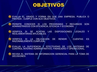 OBJETIVOS EVALUA EL GRADO Y FORMA EN QUE UNA EMPRESA, PUBLICA O PRIVADA , CUMPLE CON SUS OBJETIVOS. PERMITE CONOCER SI LOS PROGRAMAS Y RECURSOS SON ADMINISTRADOS CON EFICIENCIA, EFICACIA Y ECONOMIA. VERIFICA SI SE ACATAN LAS DISPOSICIONES LEGALES Y REGLAMENTARIAS APLICABLES. VERIFICA SI LA OBLIGACION DE RENDIR  CUENTAS ES RAZONABLEMENTE CUMPLIDA. EVALUA LA SUFICIENCIA Y EFECTIVIDAD DE LOS SISTEMAS DE CONTROL INTERNO ADMINISTRATIVO, FINANCIERO Y OPERACIONAL. REVISA EL SISTEMA DE INFORMACION GERENCIAL PARA LA TOMA DE DECISIONES 