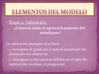 Etapa 4: Valoración  ¿Cómo se mide el aprovechamiento del estudiante?  La valoración persigue dos fines:  1. Averiguar el grado en el que el estudiante ha alcanzado los objetivos. 2. Averiguar si hay puntos débiles en el plan de instrucción (evaluar el programa). 