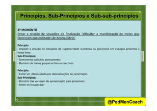 Princípios, Sub-Princípios e Sub-sub-princípios
2º MOMENTO
Evitar a criação de situações de finalização (dificultar a manifestação de meios que
favoreçam possibilidades de desequilíbrio)
Princípio:
- Impedir a criação de situações de superioridade numérica ou posicional em espaços próximos à
nossa área.
Sub-Princípios:Sub-Princípios:
- Sentimento solidário permanente;
- Domínio de meios grupais activos e reactivos.
Princípio:
- Evitar ser ultrapassado por desmarcações de penetração.
Sub-Princípios:
- Domínio das variáveis de aproximação para pressionar;
- Sentir-se insuperável
10
@PedMenCoach
 