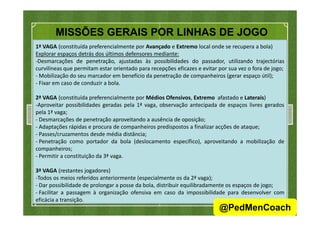 MISSÕES GERAIS POR LINHAS DE JOGO
1ª VAGA (constituída preferencialmente por Avançado e Extremo local onde se recupera a bola)
Explorar espaços detrás dos últimos defensores mediante:
-Desmarcações de penetração, ajustadas às possibilidades do passador, utilizando trajectórias
curvilíneas que permitam estar orientado para recepções eficazes e evitar por sua vez o fora de jogo;
- Mobilização do seu marcador em benefício da penetração de companheiros (gerar espaço útil);
- Fixar em caso de conduzir a bola.
2ª VAGA (constituída preferencialmente por Médios Ofensivos, Extremo afastado e Laterais)
-Aproveitar possibilidades geradas pela 1ª vaga, observação antecipada de espaços livres gerados
pela 1ª vaga;pela 1ª vaga;
- Desmarcações de penetração aproveitando a ausência de oposição;
- Adaptações rápidas e procura de companheiros predispostos a finalizar acções de ataque;
- Passes/cruzamentos desde média distância;
- Penetração como portador da bola (deslocamento específico), aproveitando a mobilização de
companheiros;
- Permitir a constituição da 3ª vaga.
3ª VAGA (restantes jogadores)
-Todos os meios referidos anteriormente (especialmente os da 2ª vaga);
- Dar possibilidade de prolongar a posse da bola, distribuir equilibradamente os espaços de jogo;
- Facilitar a passagem à organização ofensiva em caso da impossibilidade para desenvolver com
eficácia a transição. 24
@PedMenCoach
 