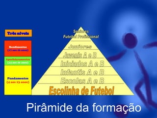 Três níveis

Rendimentos
(17 aos 19 anos)
Aperfeiçoamentos
(14 aos 16 anos)

Fundamentos
(4 aos 13 anos)

Pirâmide da formação

 