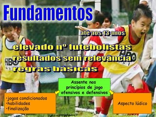 •jogos condicionados
•habilidades
•finalização

Assente nos
princípios de jogo
ofensivos e defensivos
Aspecto lúdico

 