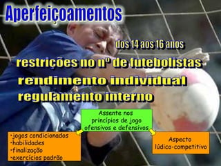 •jogos condicionados
•habilidades
•finalização
•exercícios padrão

Assente nos
princípios de jogo
ofensivos e defensivos
Aspecto
lúdico-competitivo

 