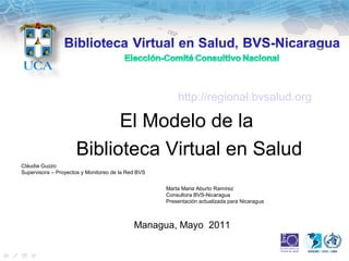 El Modelo de la
Biblioteca Virtual en Salud
http://regional.bvsalud.org
Managua, Mayo 2011
Cláudia Guzzo
Supervisora – Proyectos y Monitoreo de la Red BVS
Marta Maria Aburto Ramírez
Consultora BVS-Nicaragua
Presentación actualizada para Nicaragua
 